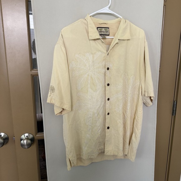 Jamaica Jaxx Men's Large Yellow Palm Tree 100% Silk Short Sleeve Button Up Shirt - Picture 1 of 6